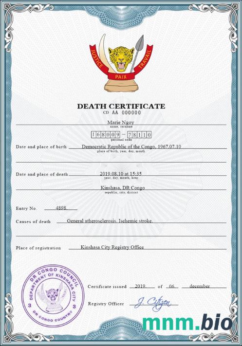 Congo (Democratic Republic of the Congo) rekord życiowy śmierć certyfikat PSD szablon